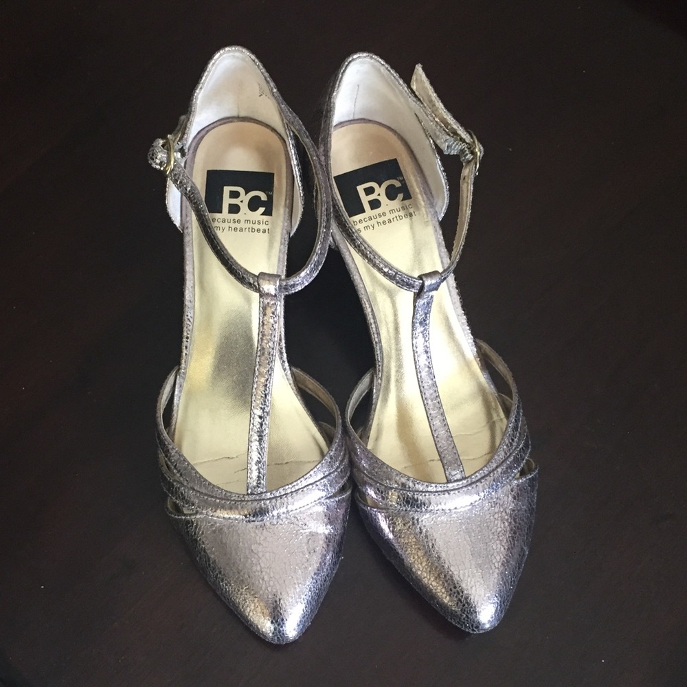 Anthropologie Metallic T-Strap Heels